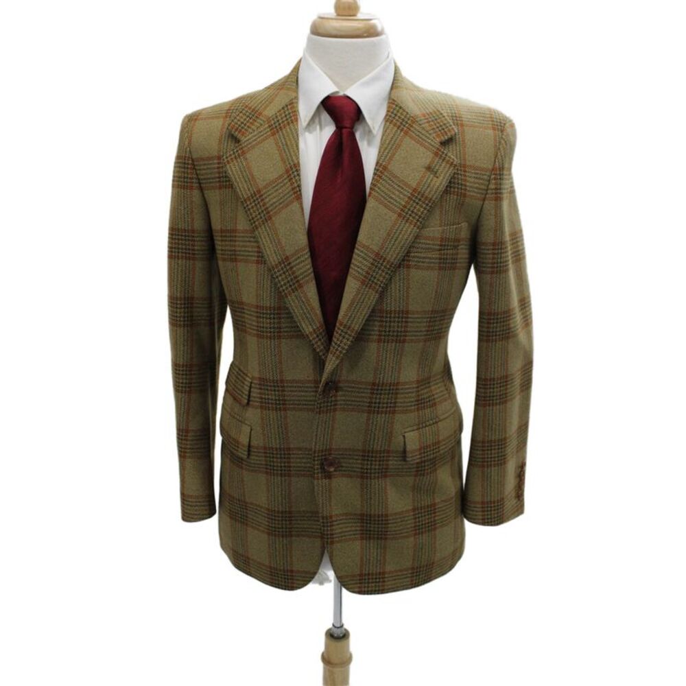 Designer Mens Green Wool Plaid Blazer Size 38